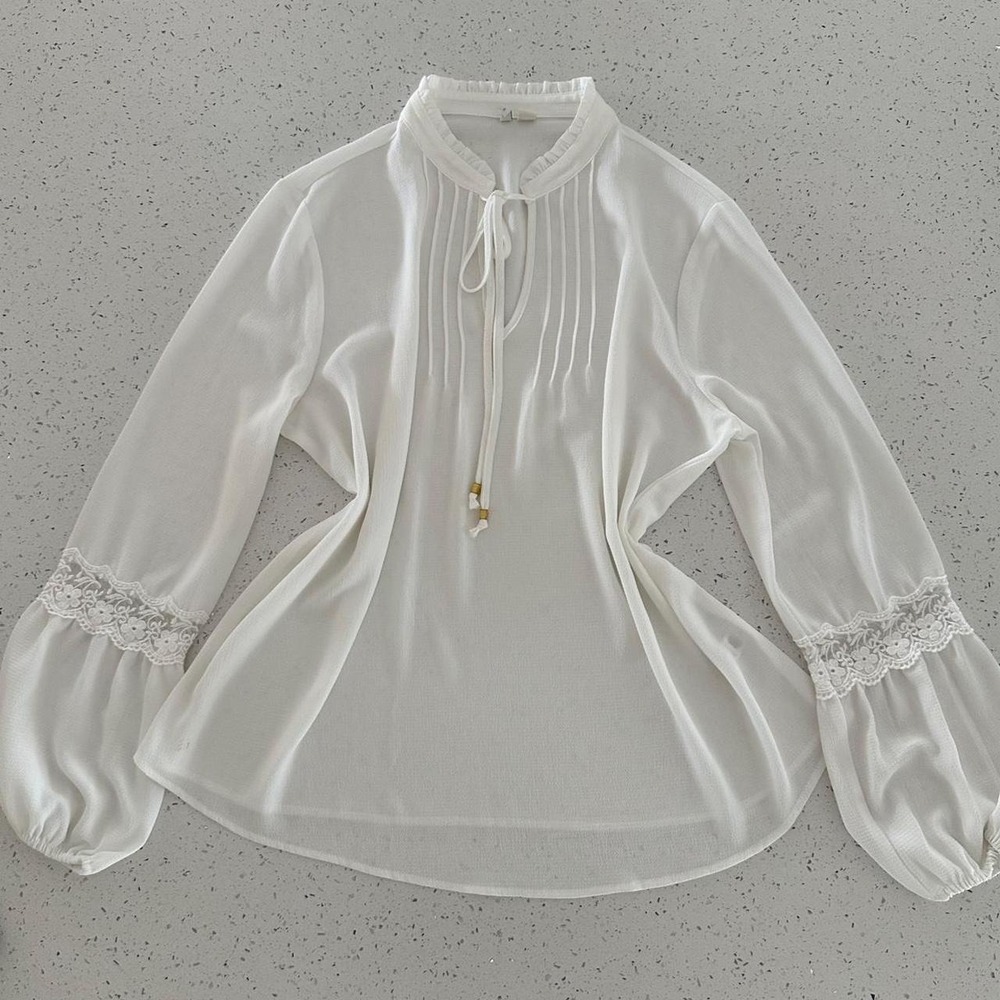 Cato White Boho Cottagecore Lace Bishop Sleeve Tie Neck Blouse Top Large